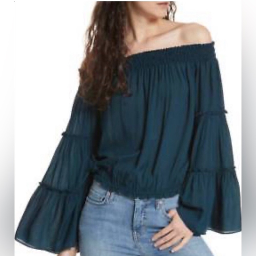 Free People Teal Off-Shoulder Tiered Bell-Sleeve Crop Top